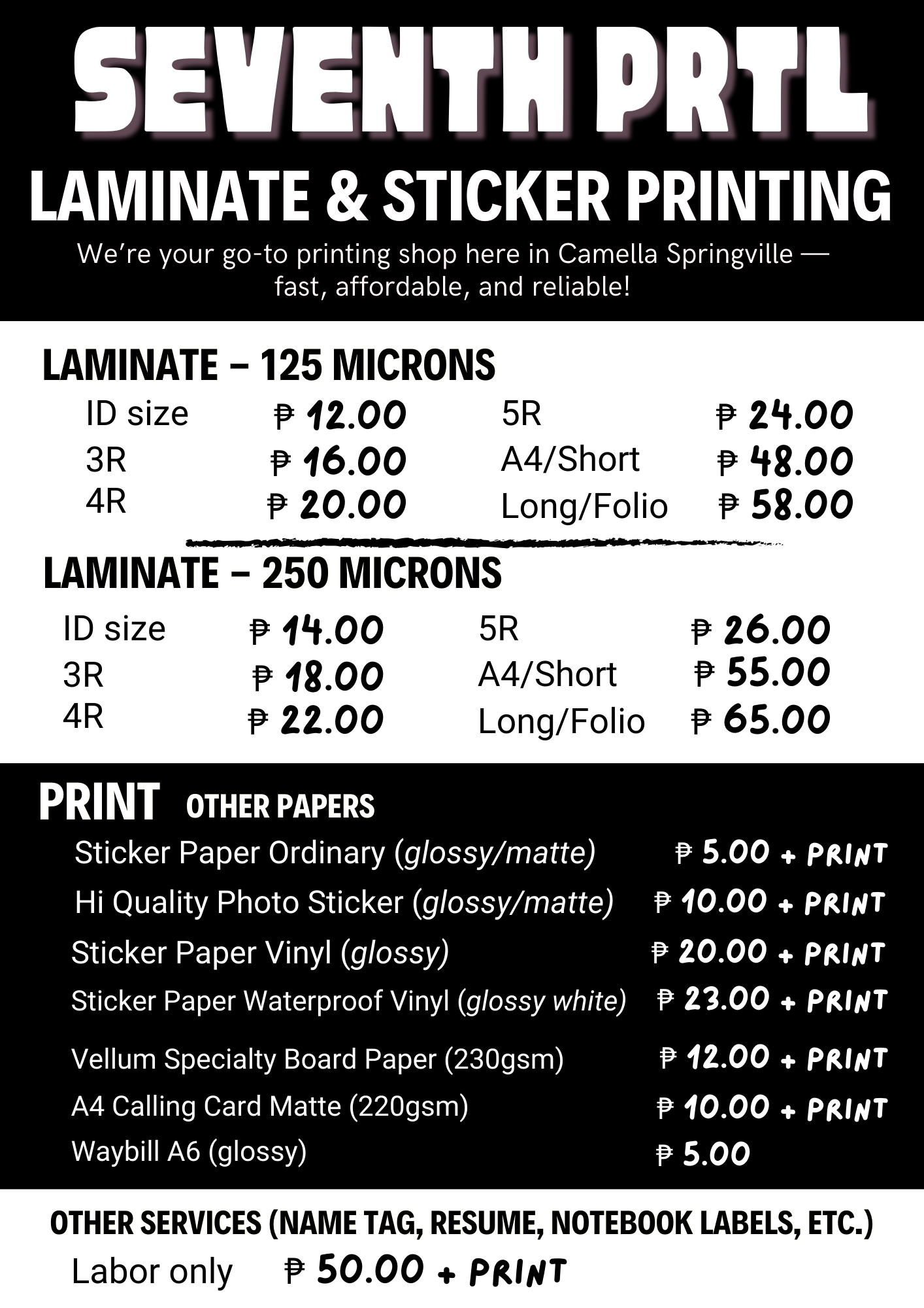 Seventh Prtl laminate and sticker printing pricelist