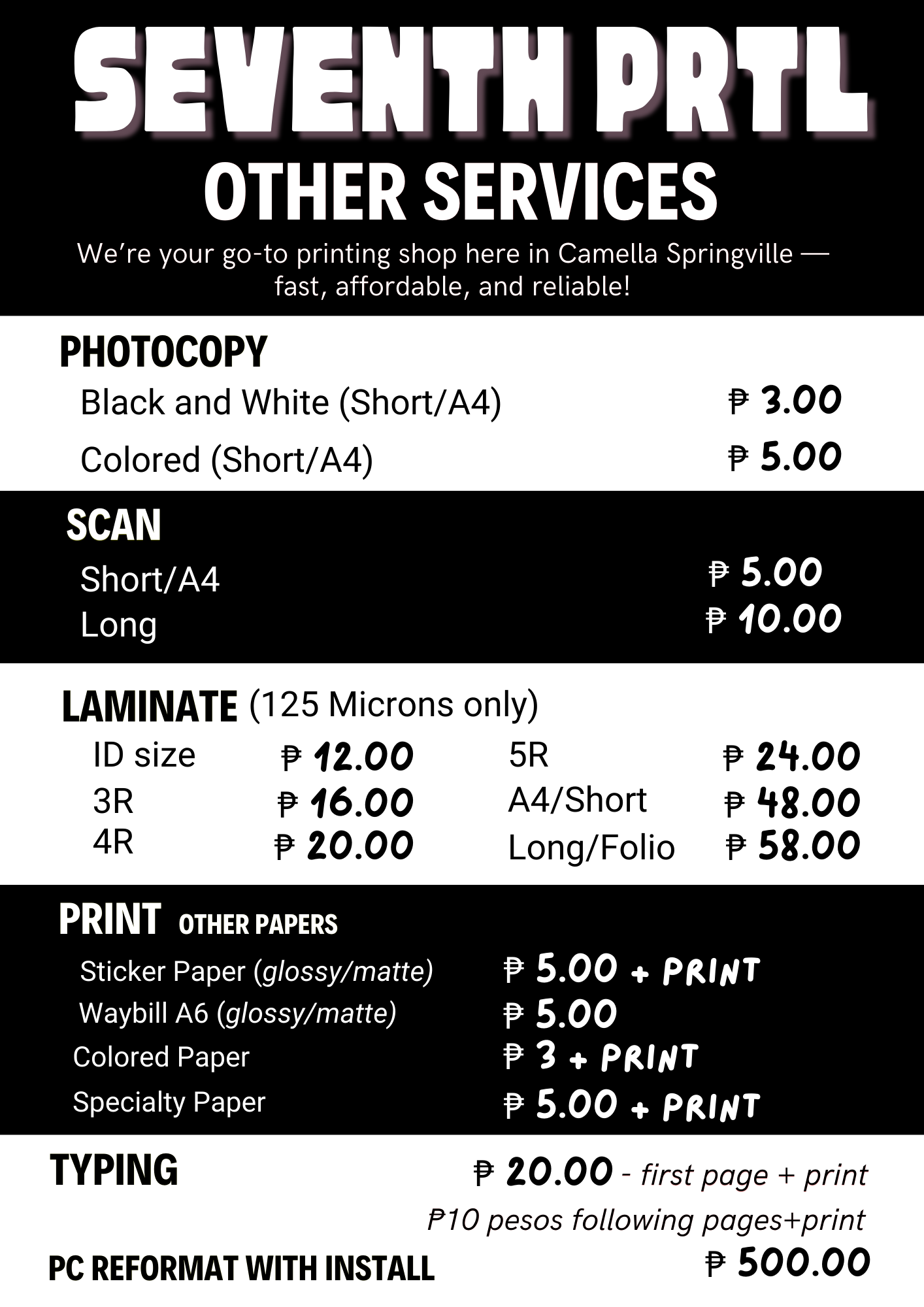 Seventh Prtl other services pricelist